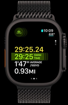Apple Watch Ultra 2 showing the swim duration, pace, and distance as part of the Multisport feature.