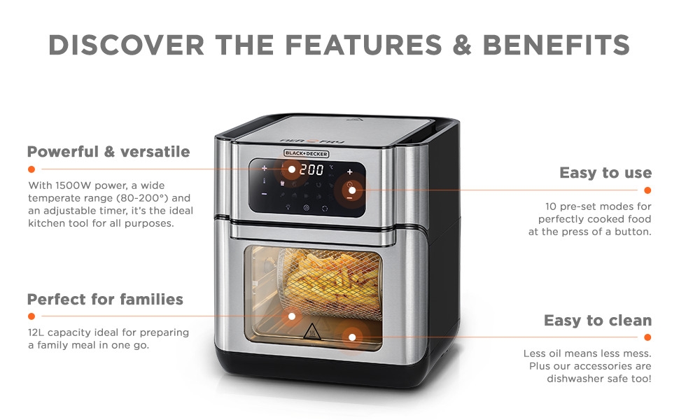 Black+Decker Digital Air Fryer Oven, 12L, Silver - AOF100-B5