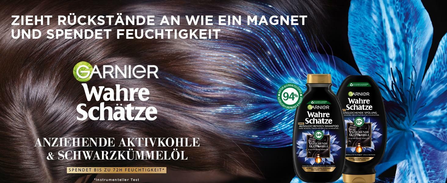 Shampoo und Spülung, zieht rückstände an, spendet feuchtigkeit, garnier wahre schätze