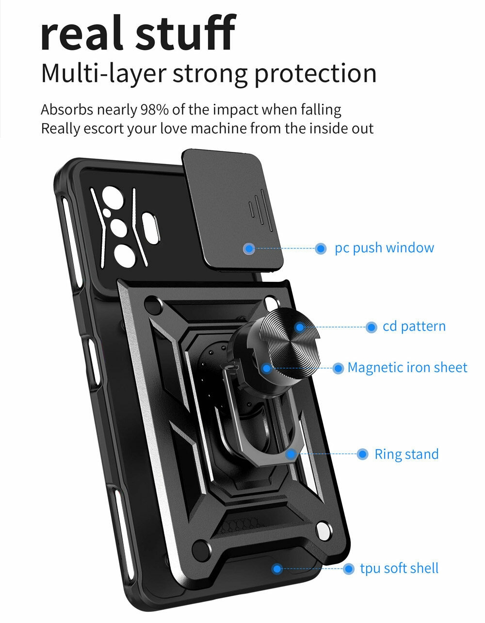 Hi-Case Custodia Protettiva Per Xiaomi Poco F4 GT Con Sportello Scorrevole Fotocamera E Anello Supporto Magnetico, Nero - 3