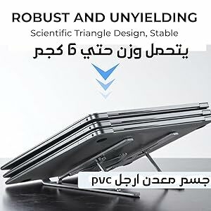 يقول النص «قوي وثابت» و «تصميم مثلث علمي، مستقر». مناظر متعددة لحامل كمبيوتر محمول أسود أنيق مع دعامات مثلثة وزوايا قابلة للتعديل.