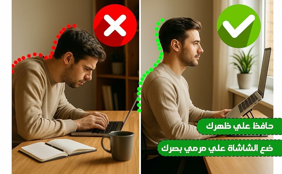 نص عربي مرئي. صور مقارنة تُظهر الوضع المناسب مقابل الوضع غير المناسب أثناء استخدام الكمبيوتر المحمول في المكتب. تشير علامة X الحمراء إلى الوضع غير الصحيح، وتشير علامة الاختيار الخضراء إلى الوضع الصحيح.