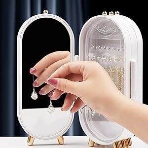 DAILY&DIARY 4 Doors Earring Holder Stand with Mirror (White)