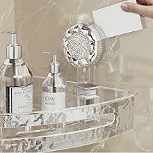 strong wall-mounted shelf supporting large shampoo bottles durable suction bathroom organizer