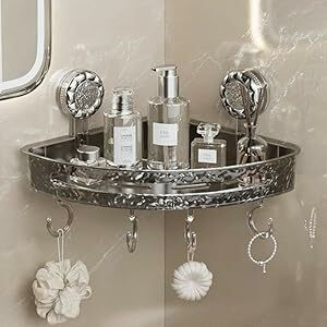 bathroom organizer with utility hooks for hanging razors and loofahs, acrylic wall-mounted shelf