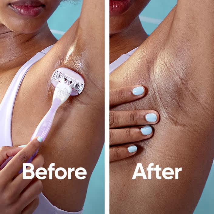 Images of before and after armpit shave, using Venus ComfortGlide Freesia Razor.