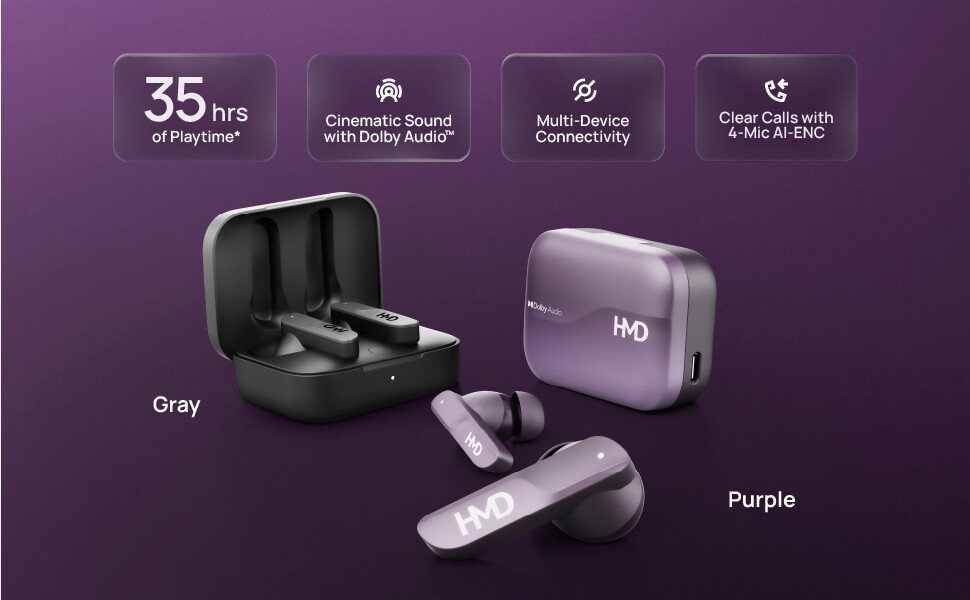 environmental noise cancellation, 4 microphones, TWS, purple, gray, Dolby Audio