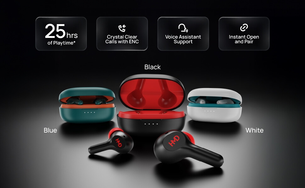 HMD DUB P50 TWS, true wireless earbuds, earphones, in-ear, black, white, blue, ENC