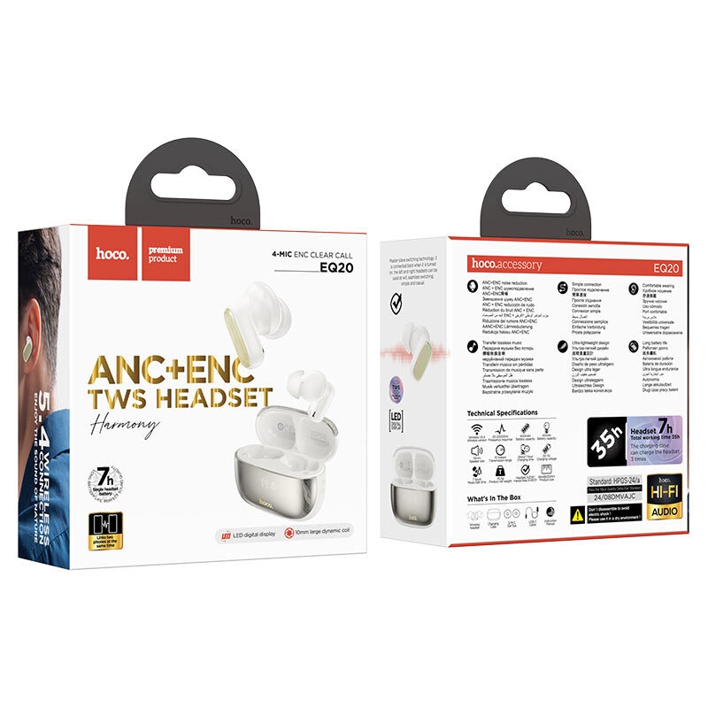 hoco eq20 rhyme tws anc enc bt headset packaging milky white