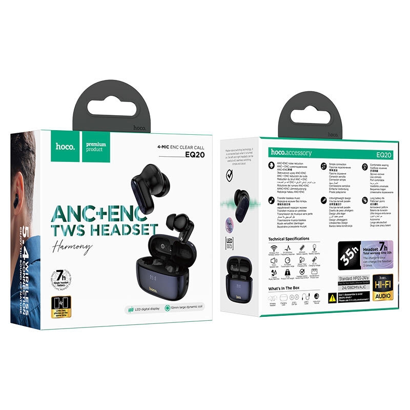 hoco eq20 rhyme tws anc enc bt headset packaging black