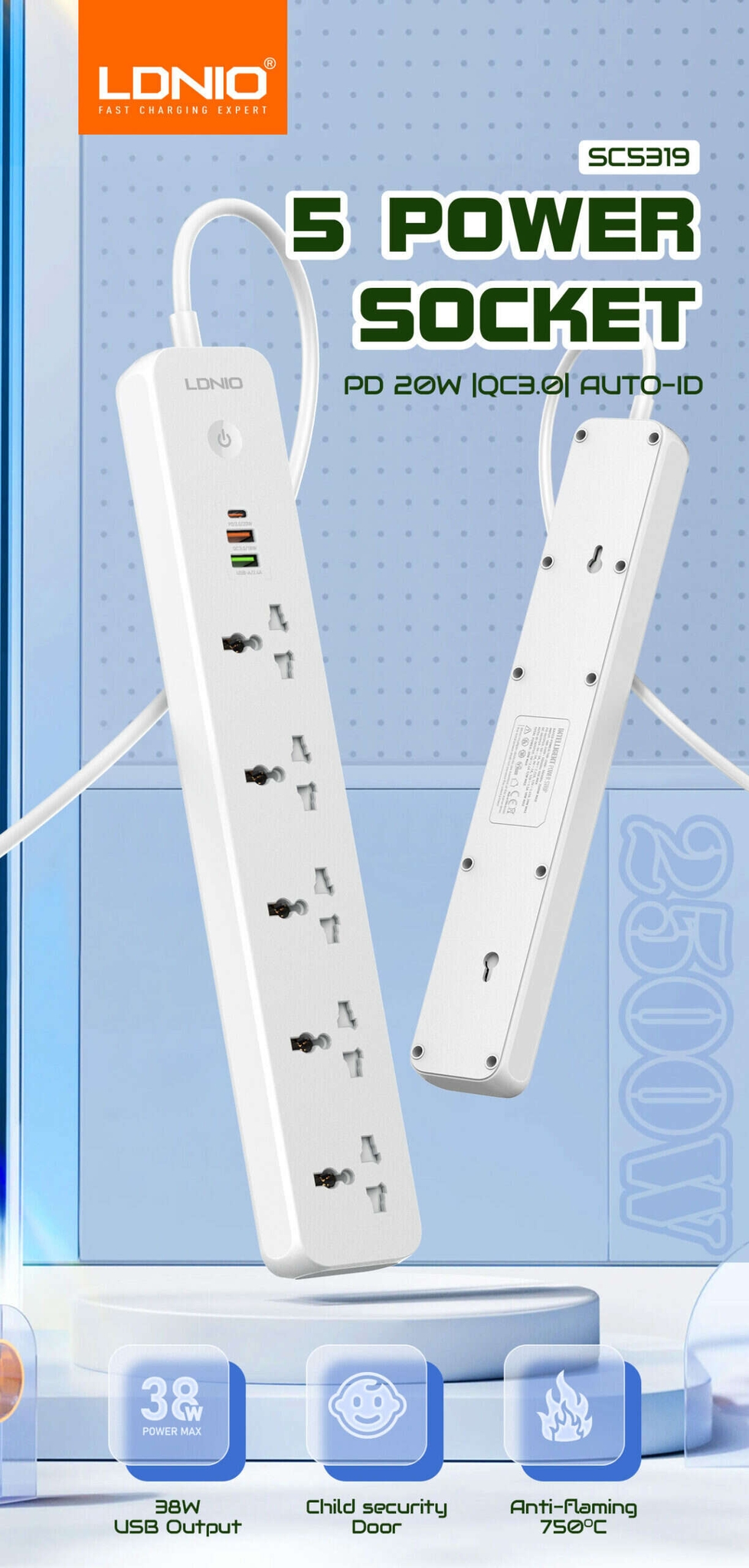 LDNIO SC5319 | Multi Socket Extension Lead with 5 AC 3 USB Power Socket Plug Extender 2M