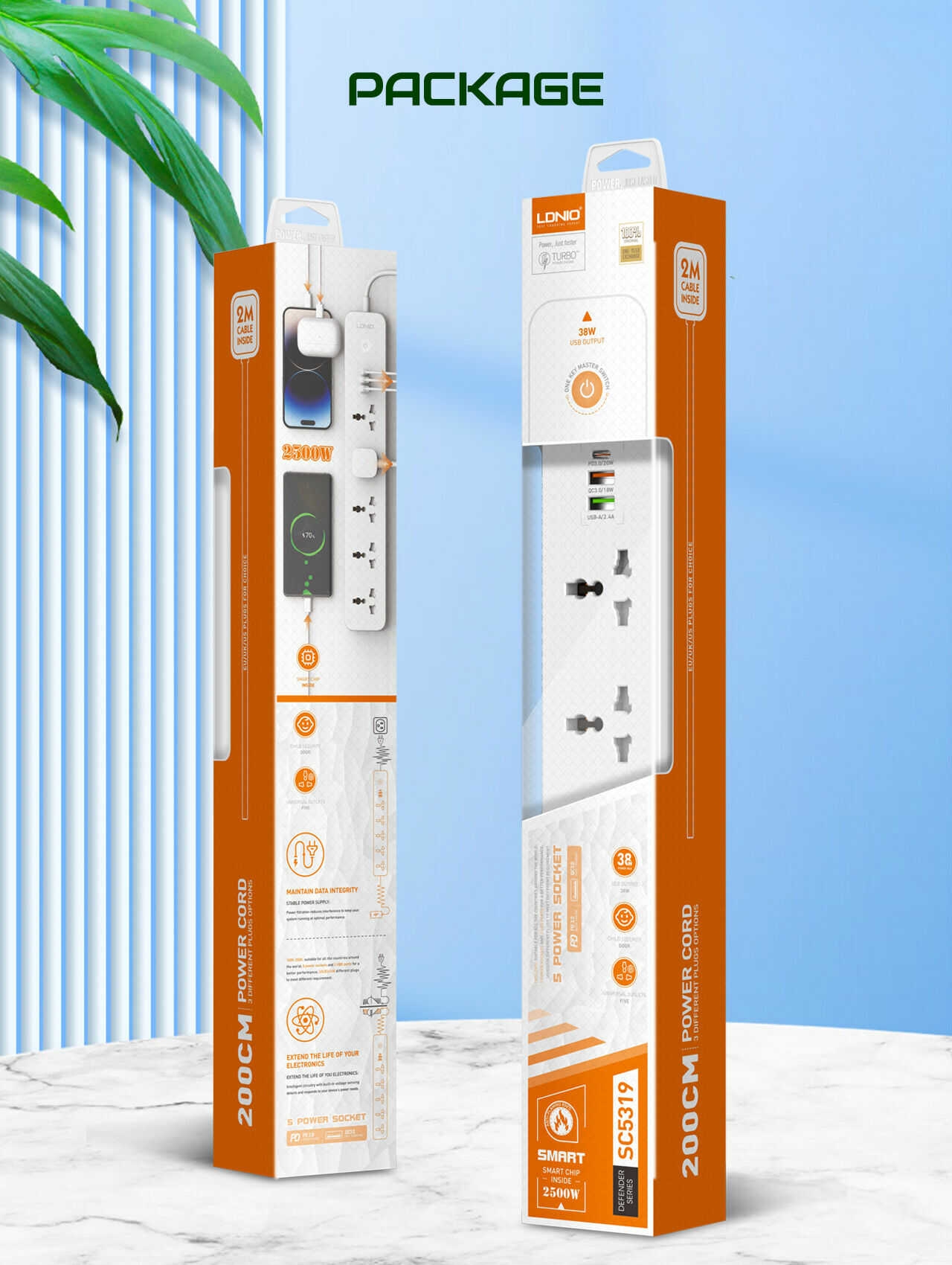 LDNIO SC5319 | Multi Socket Extension Lead with 5 AC 3 USB Power Socket Plug Extender 2M