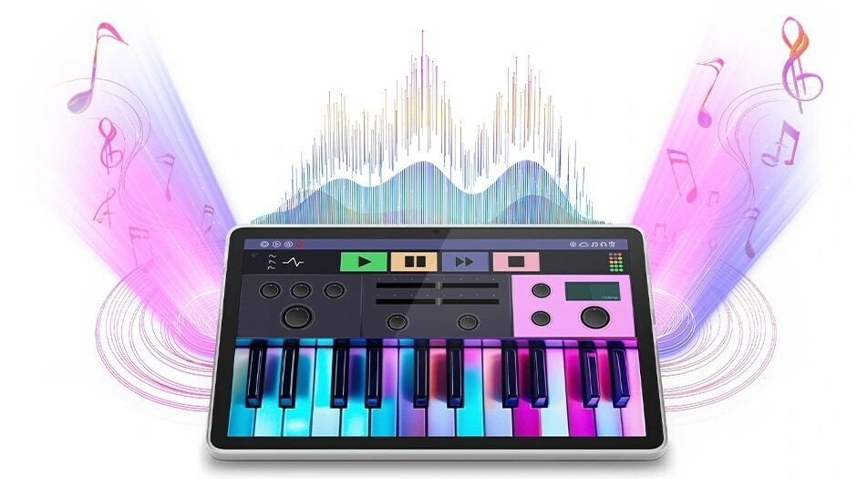 جهاز Lenovo Tab يعرض تطبيق بيانو افتراضي ملون مع نوتات موسيقية وموجات صوتية تمتد خارج الشاشة.
