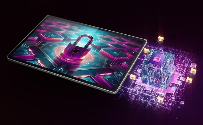 جهاز Lenovo Yoga Tab Plus يعرض رسمًا توضيحيًا للحماية المدمجة التي توفرها ميزات الأمان المدمجة لحماية البيانات والجهاز على مدار الساعة.