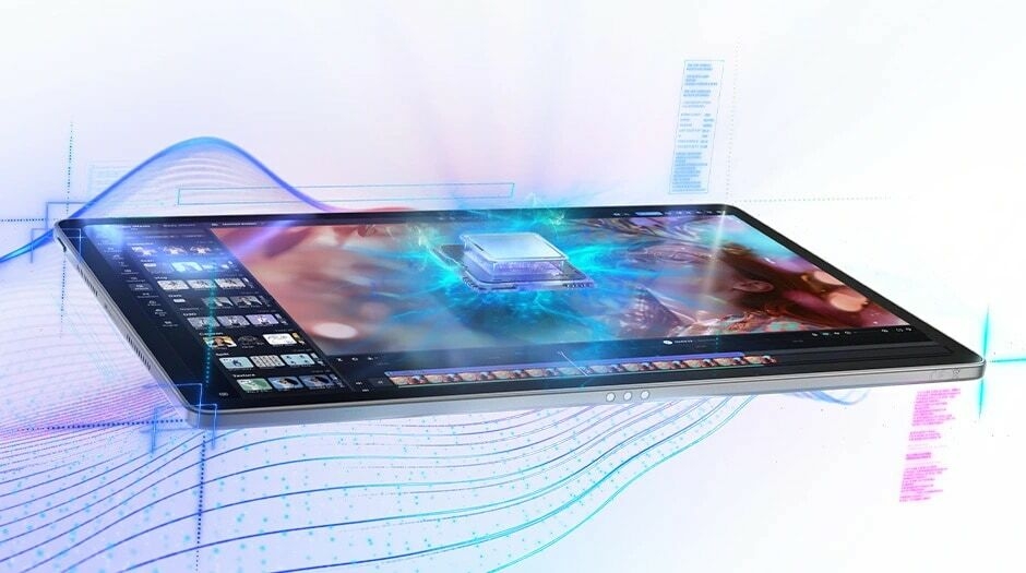 جهاز Lenovo Idea Tab Plus – منظر أمامي أيسر يعرض تطبيقًا مع معالج يبدو وكأنه يخرج من الشاشة، مستلقٍ بشكل شبه مسطح، باللون الرمادي السحابي، بوضع أفقي، مع خطوط ورسومات ملونة تحيط به