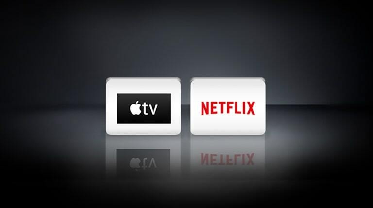 The Netflix logo, the Apple TV logo are arranged horizontally in the black background.