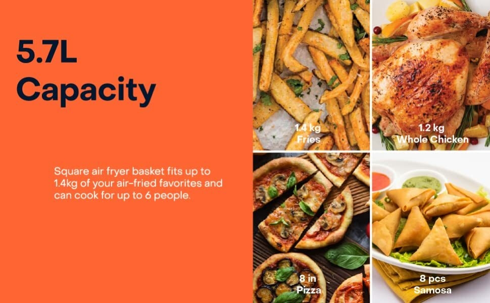 Large Capacity air fryer with 5.7 Litre size lesser than 6.5 litre capacity & 6.2 litre capacity