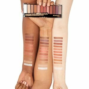 Swatches of Rimmel Magnif'eyes Eye Palette on fair, medium and dark skin tones