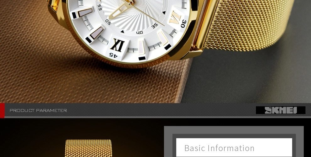 SKMEI Fashion Quartz Men Luxury Business Watch Stainless Steel Waterproof Wristwatches Male Clock gold 25cm 12