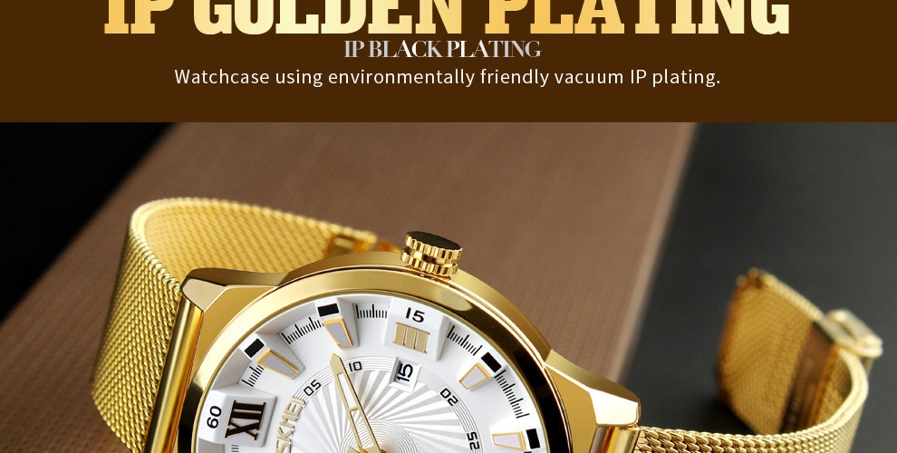 SKMEI Fashion Quartz Men Luxury Business Watch Stainless Steel Waterproof Wristwatches Male Clock gold 25cm 11