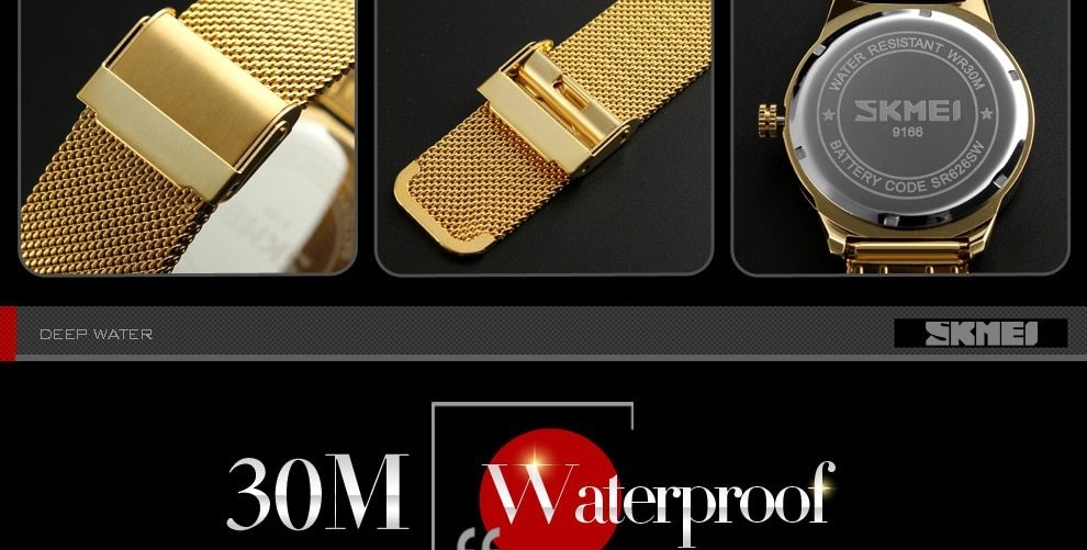 SKMEI Fashion Quartz Men Luxury Business Watch Stainless Steel Waterproof Wristwatches Male Clock gold 25cm 17