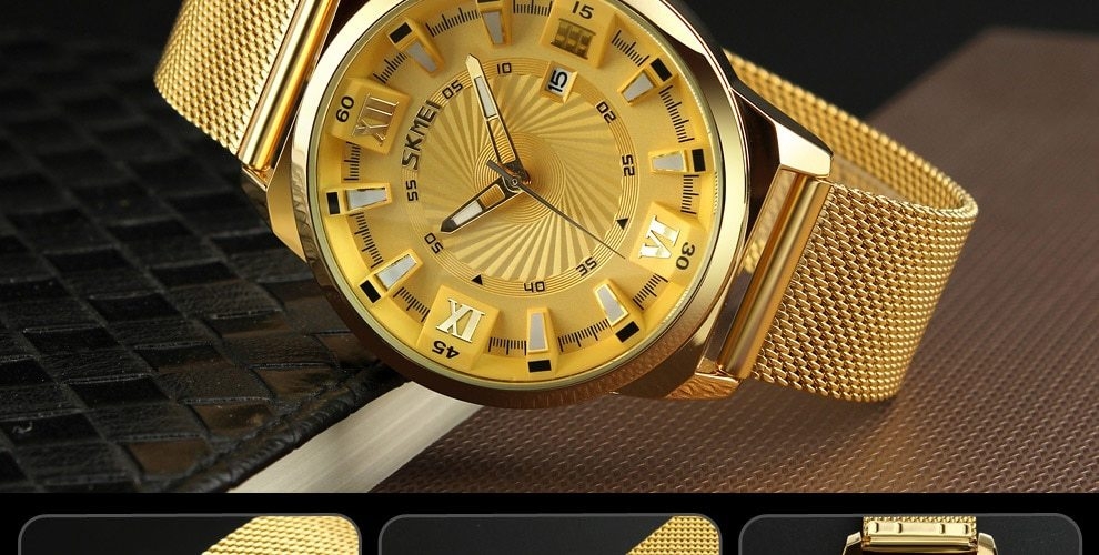 SKMEI Fashion Quartz Men Luxury Business Watch Stainless Steel Waterproof Wristwatches Male Clock gold 25cm 16