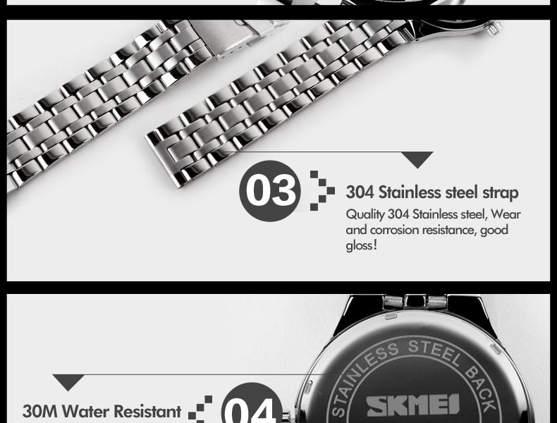 SKMEI Men Women Watch Stainless Steel Quartz Calendar Sport Quartz Watch Couple Watches Black couple 18