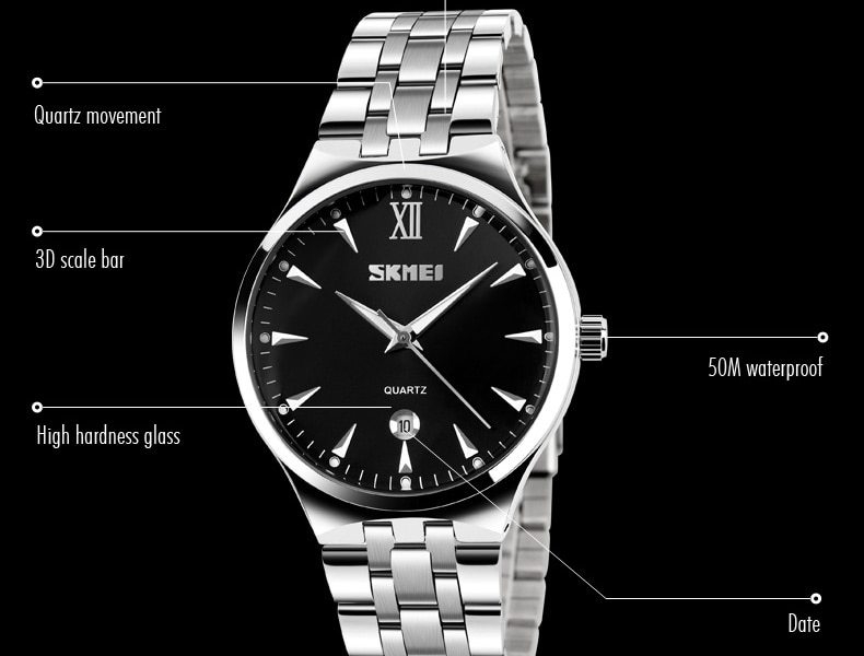 SKMEI Men Women Watch Stainless Steel Quartz Calendar Sport Quartz Watch Couple Watches Black couple 12