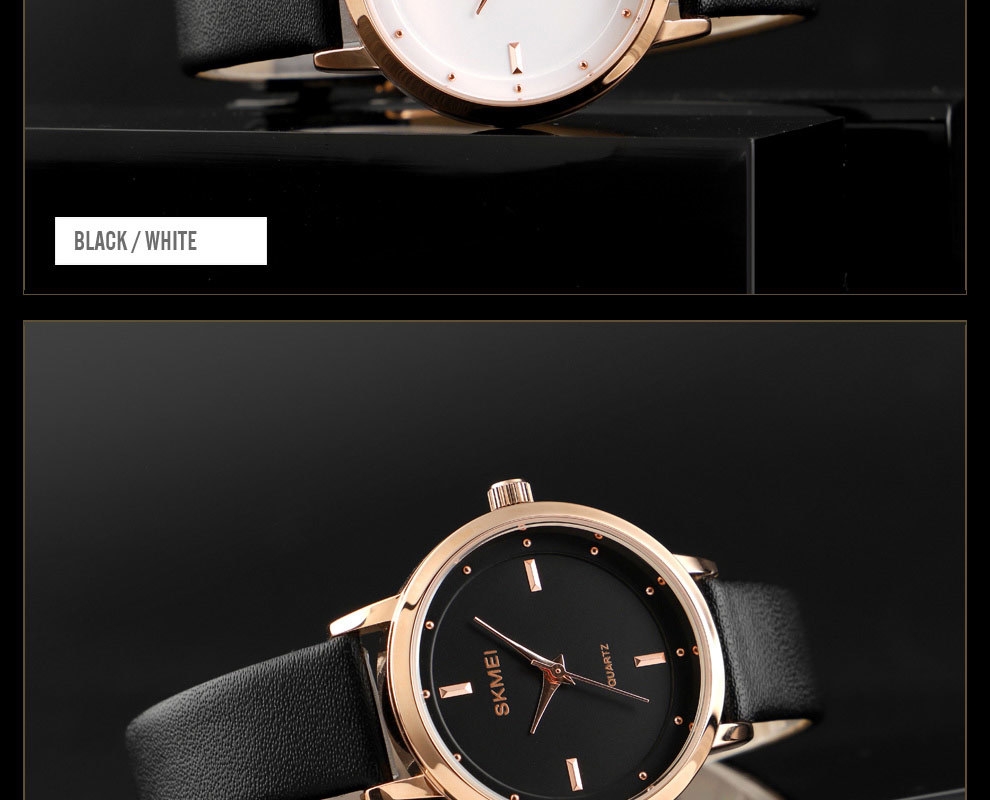 SKMEI Fashion Ladies Watches Leather Female Quartz Watch Women Thin Casual Strap Waterproof Watch Brown White 22cm 18