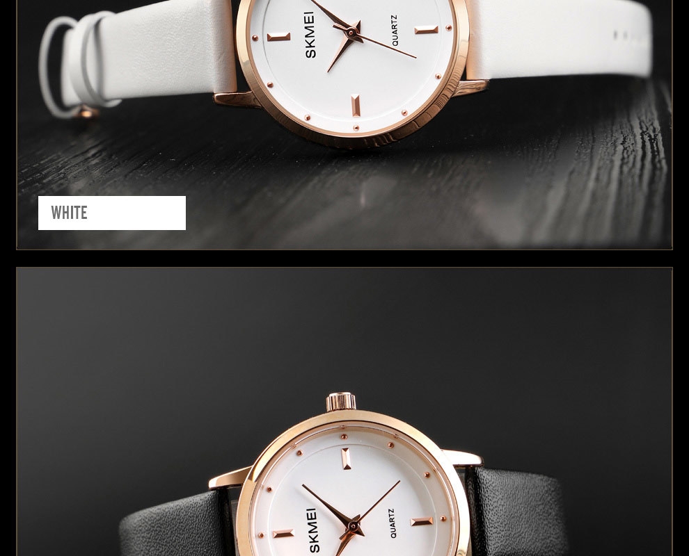 SKMEI Fashion Ladies Watches Leather Female Quartz Watch Women Thin Casual Strap Waterproof Watch Brown White 22cm 17