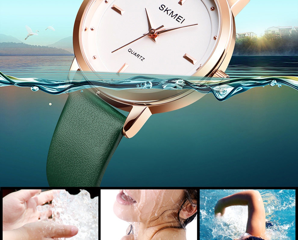 SKMEI Fashion Ladies Watches Leather Female Quartz Watch Women Thin Casual Strap Waterproof Watch Brown White 22cm 12