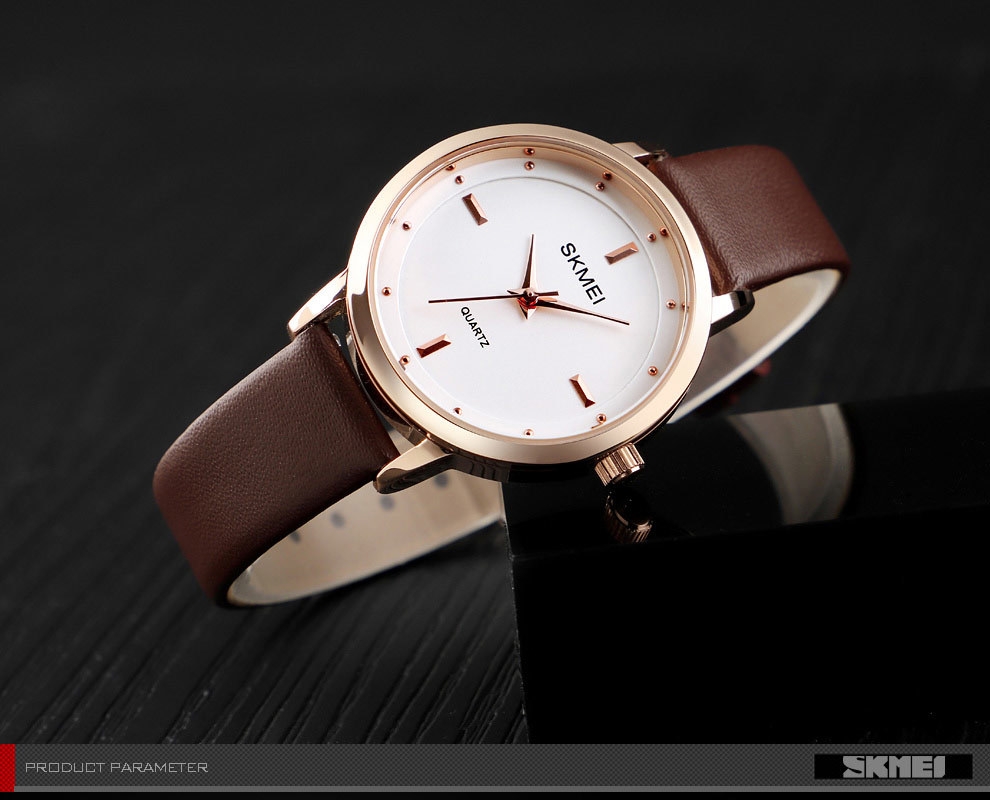 SKMEI Fashion Ladies Watches Leather Female Quartz Watch Women Thin Casual Strap Waterproof Watch Brown White 22cm 8