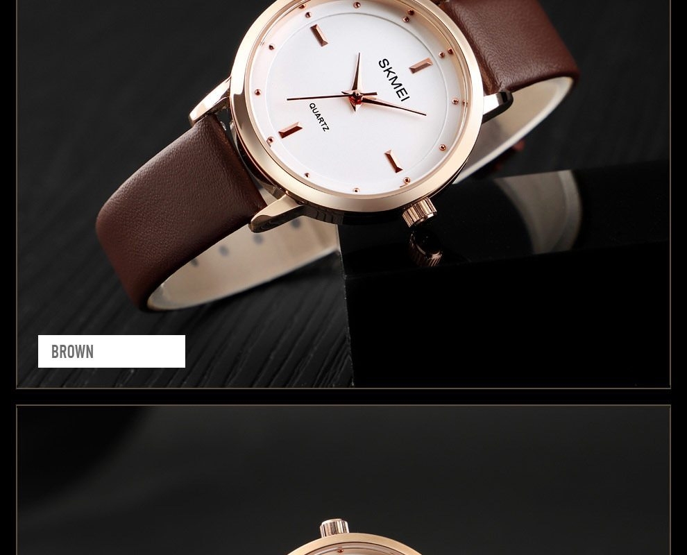 SKMEI Fashion Ladies Watches Leather Female Quartz Watch Women Thin Casual Strap Waterproof Watch Brown White 22cm 14