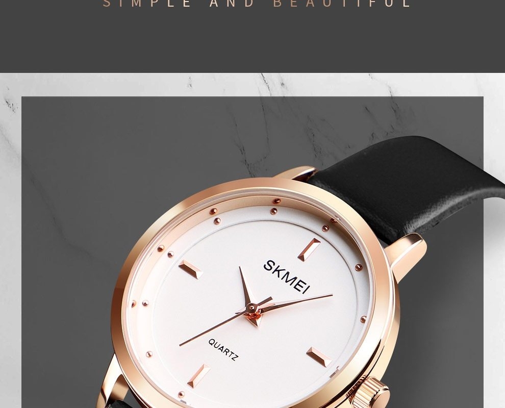 SKMEI Fashion Ladies Watches Leather Female Quartz Watch Women Thin Casual Strap Waterproof Watch Brown White 22cm 3