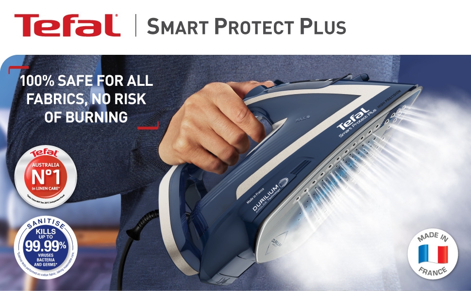 Tefal Steam Iron Smart Protect Plus FV6872 in Blue and Premium Silver color.