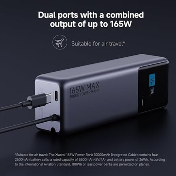 Xiaomi 165W Power Bank 10000mAh (Integrated Cable) - Gray – Ultra-Fast Charging, Compact-dokantech