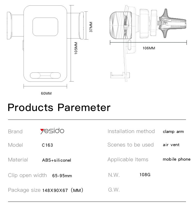 C163 Air Vent Spring Clip Phone Holder Parameter