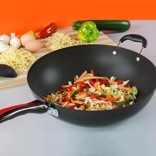 32cm Jumbo Non-Stick Wok Pan Heavy-Duty Carbon Steel Frying Pan with Teflon Coating Multi-Purpose Deep Skillet for Stir-Fry Shawarma Chicken Vegetables Family Size Cookware