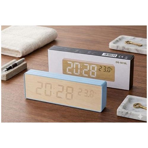 A modern digital alarm clock with an elegant wooden design, featuring an LED screen to display time and temperature, touch and sound functionality, ideal for the bedroom or office. Large size.