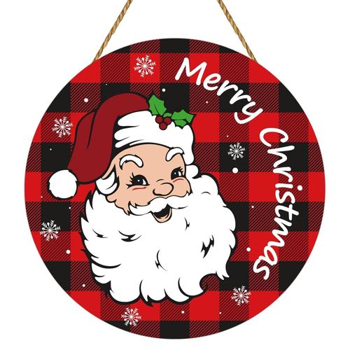 Merry Christmas Sign, Classic Buffalo Plaid Santa Claus Decor, Wooden Christmas Door Hanger, 12 x 12 x 0.2 inches
