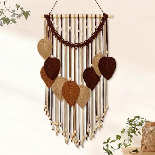 Macrame Wall Hanging Boho Leaf Woven Tapestry Bohemian Chic Home Decor Modern Handmade Leaves Feather Wall Art Decorations for Bedroom Living Room Apartment Ornament