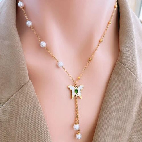 Tone Necklace with White Butterfly Pendant and Faux Pearl Accents
