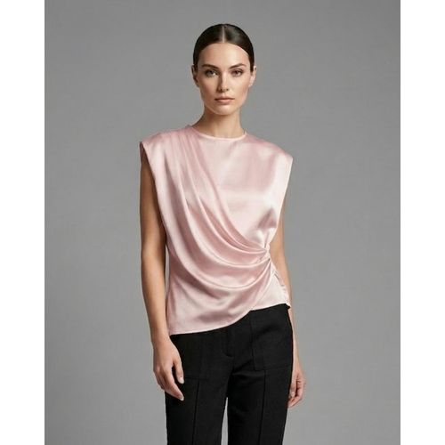 Pleated Satin Summer Elegant Work Women's Top,Casual Solid Color Pleated Slim Fit Short-Sleeved Satin Top,Business Office Professional Commuter Wear