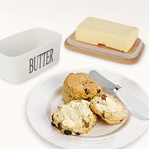 Large porcelain butter tin with wooden lid and knife – a convenient design for mess-free butter serving