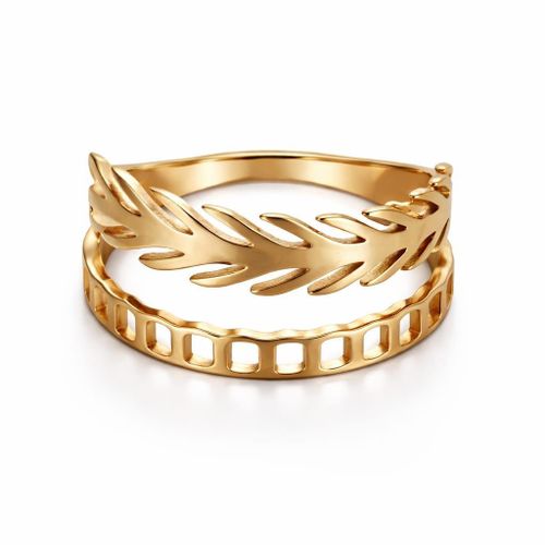 Women's stainless steel ring with a leaf design, durable gold color that resists rust and tarnishing, a luxurious gold-plated accessory available in multiple sizes, including size 19 .