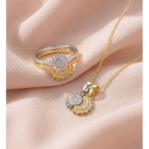 Elegant Women's Jewelry Set (Necklace & Ring) - Celestial Eclipse Design - Two-Tone Finish