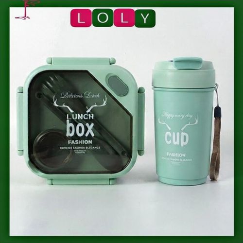 A set consisting of a lunchbox and cup, a leakproof container with a spoon and fork, a sauce cup, and a coffee cup.