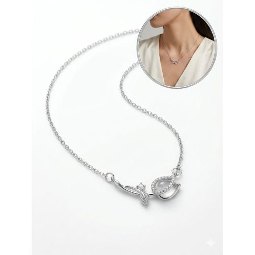 Elegant Tulip & Leaf Crystal Accented Necklace for Women - Silver Tone