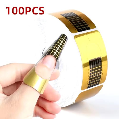 100pcs Gold Nail Extension Forms - Guide Sticker Roll for Hard Gel & Acrylic Nail Art Extension.