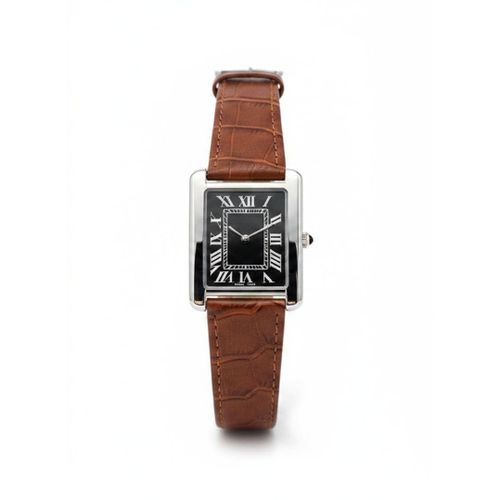 Men's Classic Rectangular Wrist Watch with Brown Leather Strap, Black Dial with Roman Numeral Markers, Silver-Tone Case, Elegant Vintage Style Dress Watch for Men, Casual and Formal Everyday Wear
